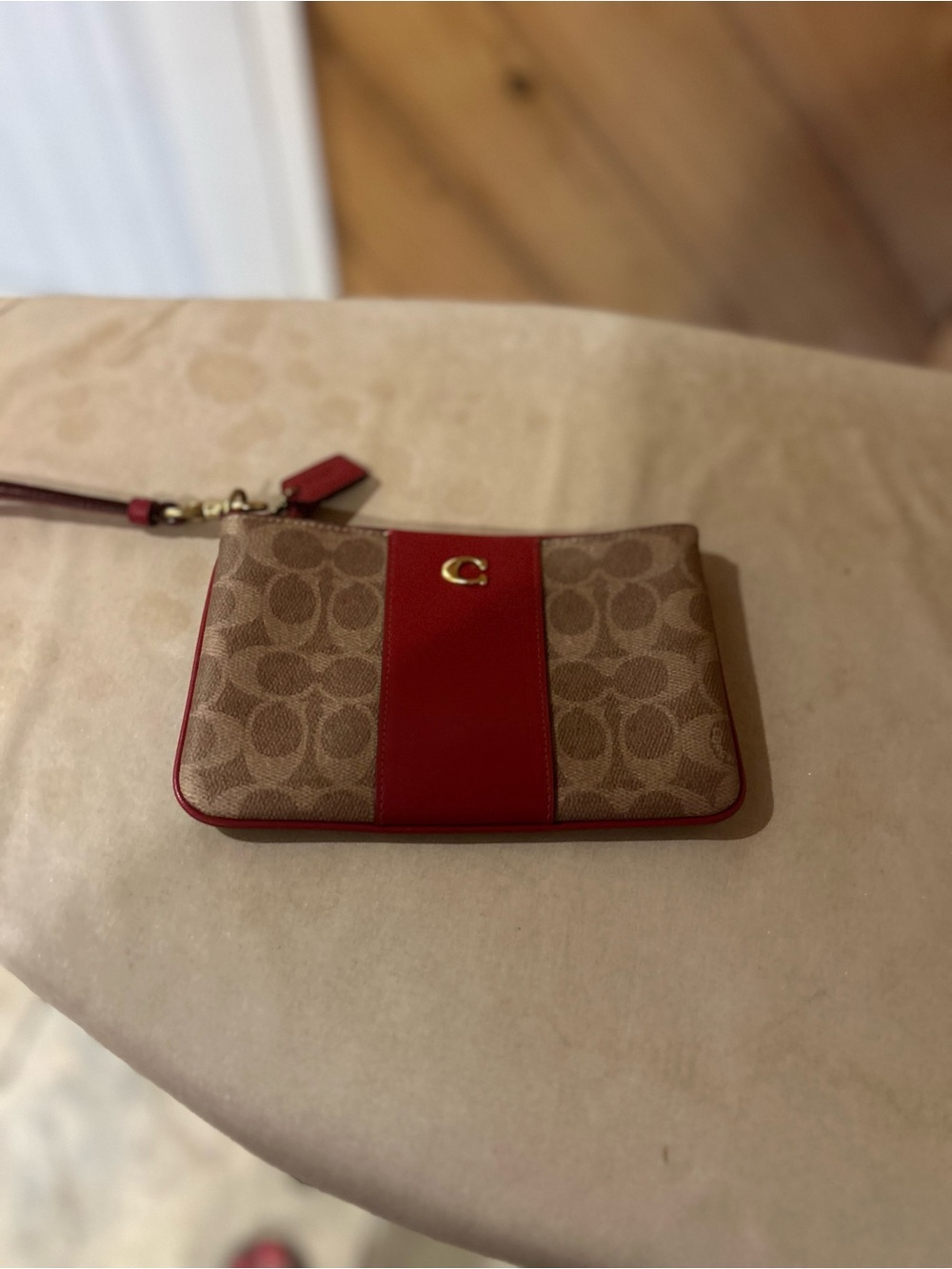 Coach Tan Signature Canvas Wristlet with Red Stripe and Gold Hardware